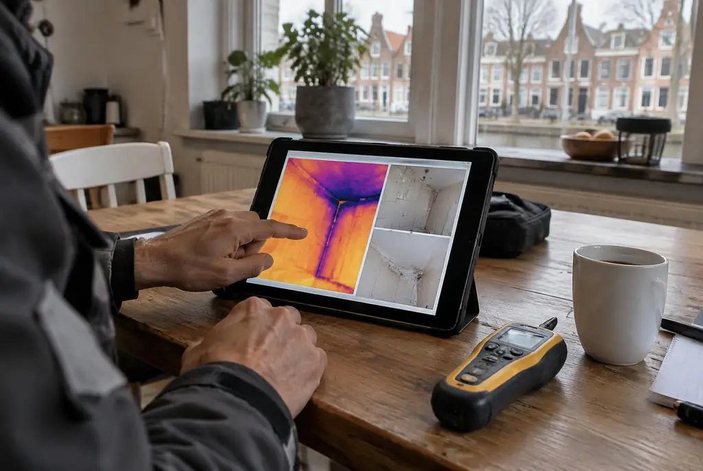 Lekdetectie Rosmalen – lekdetectierapport met warmtebeelden en foto's op een tablet