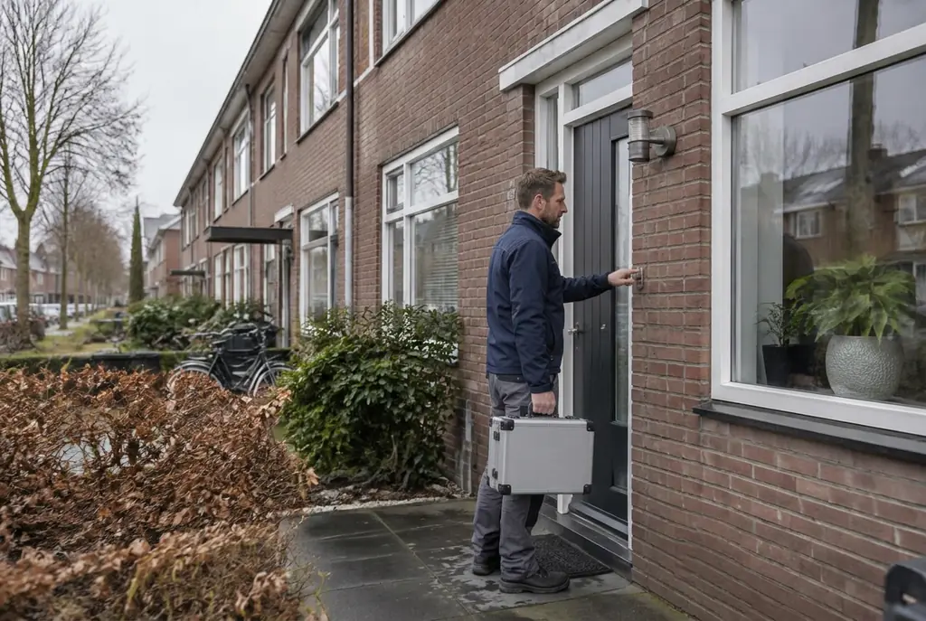 Lekdetectiespecialist met meetkoffer bij de voordeur van een woning in Rosmalen